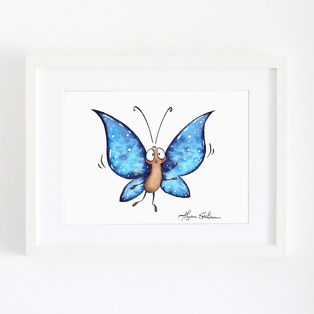 Cute blue butterfly art print by Alyona Shilina