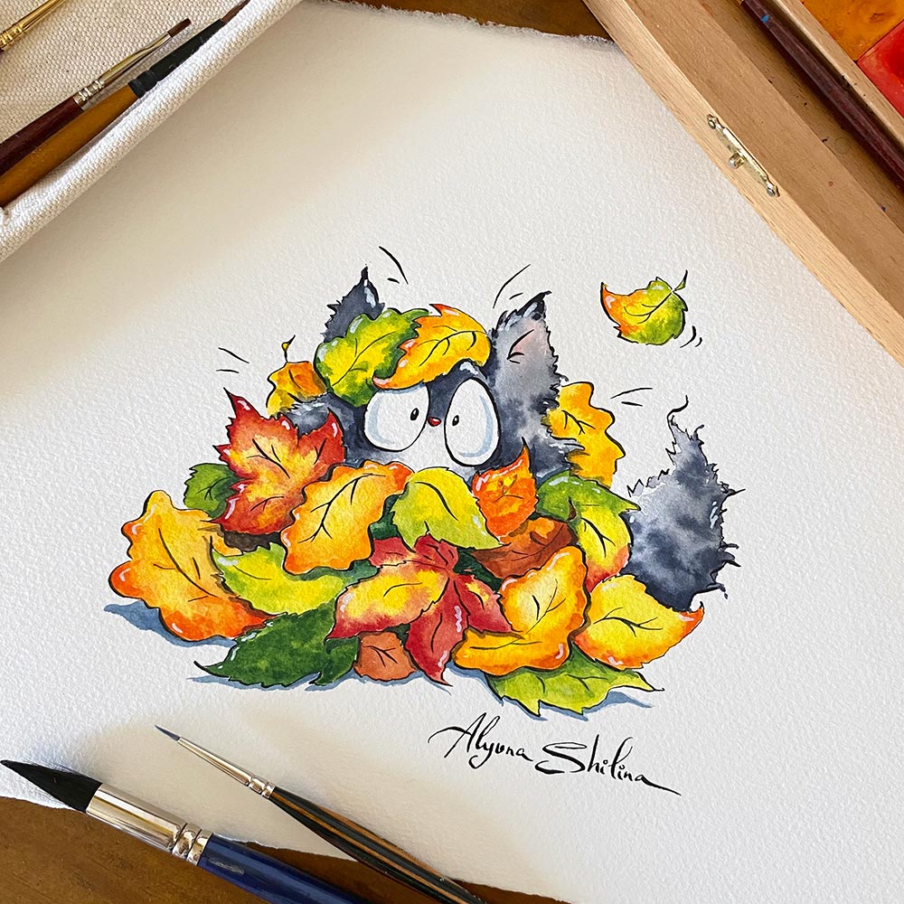 "Cat in the leaves" original drawing