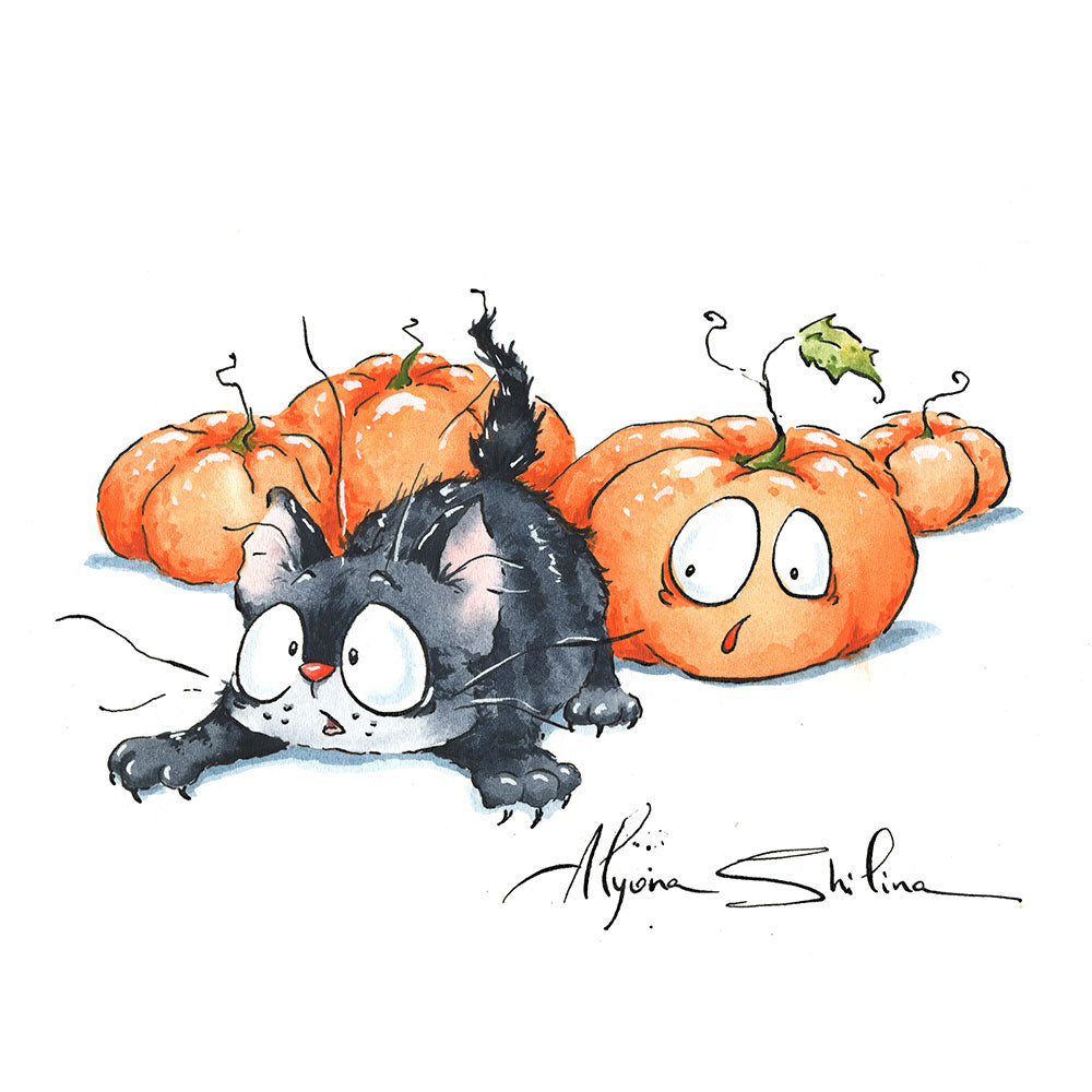 "Kitten & Pumpkins" original drawing