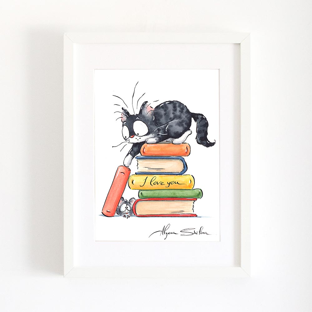 Cute cat, little mouse and the books art print