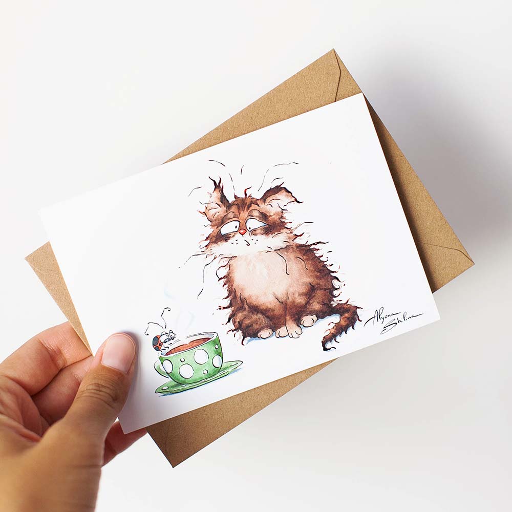 Postcard with funny Cat and Ladybug who love coffee