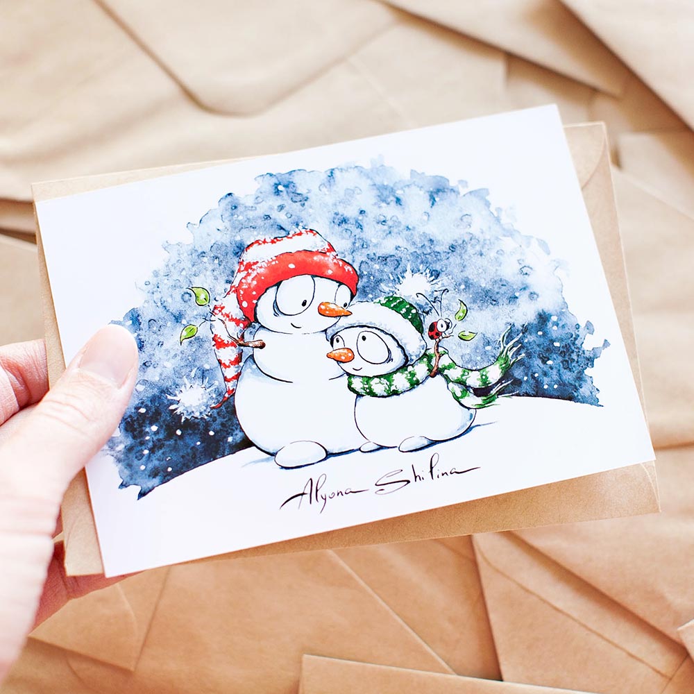 Cute Christmas postcard with Snowmen