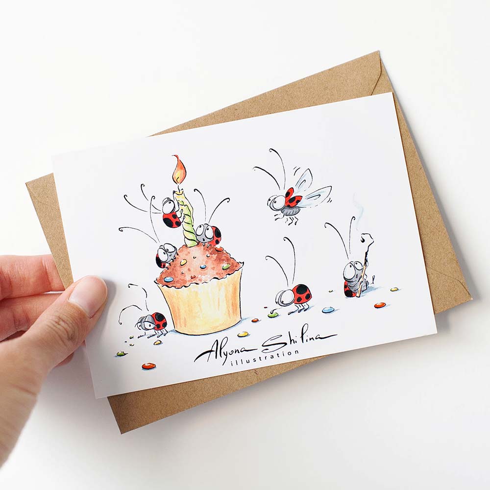 Cute Birthday card with funny ladybugs by Alyona Shilina illustration