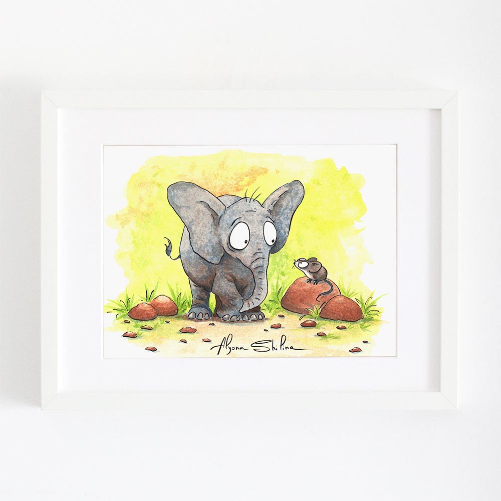 Art print with cute elephant and mouse