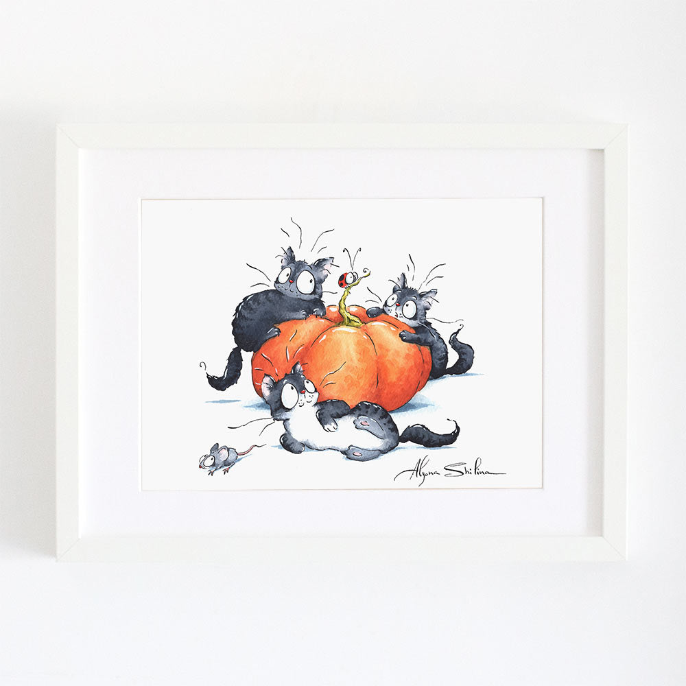 Cute Halloween cats art print by Alyona Shilina