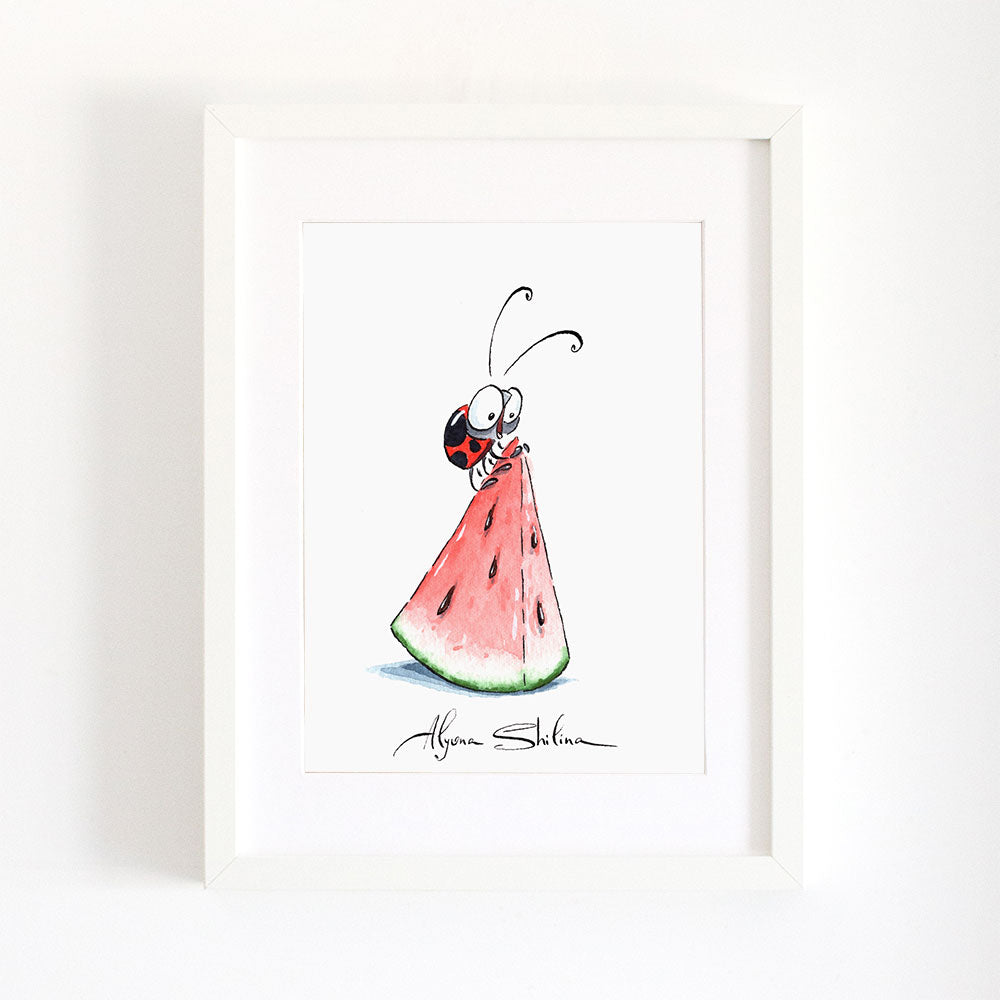 cute wall watercolor art print with funny ladybyg and watermelon