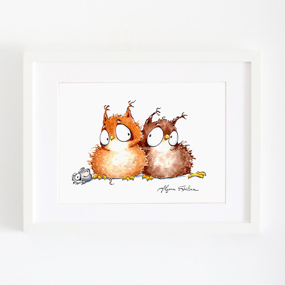 Art print with cute Owls and mouse