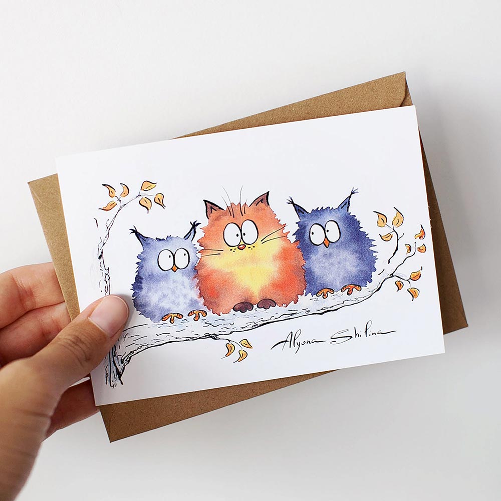 cute postcards with ginger cat and owls