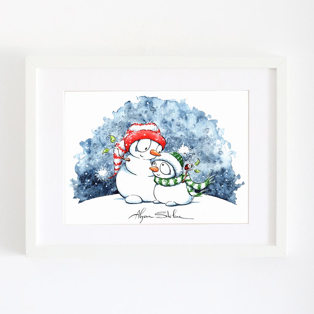 Snowman wall art decor watercolor illustration