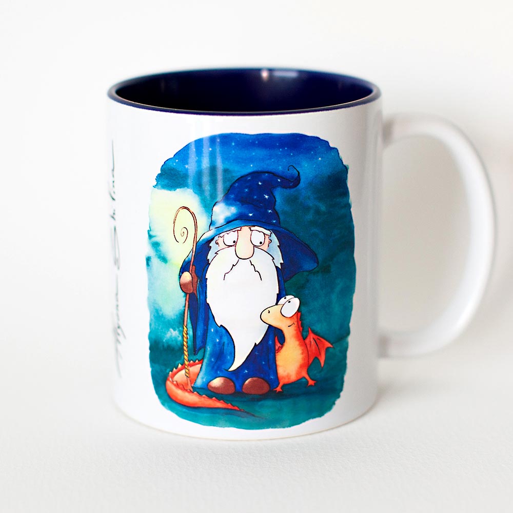 Cute coffee mug with wizard and Dragon print by Alyona Shilina