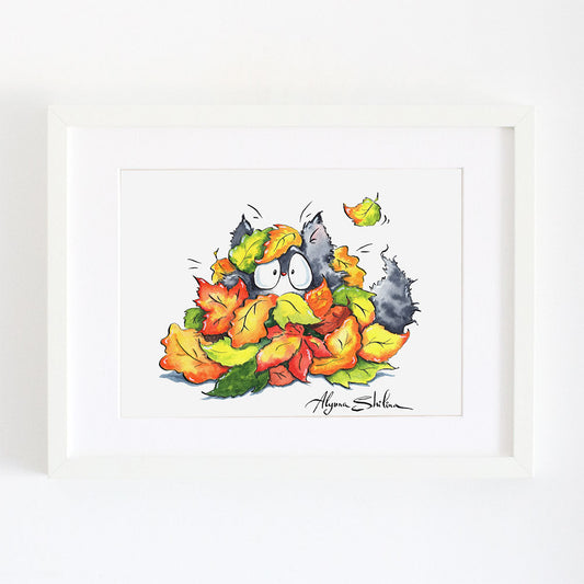 "Cat in the leaves" art print