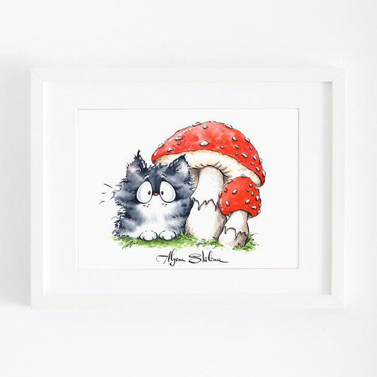 "Cat & Mushrooms" art print