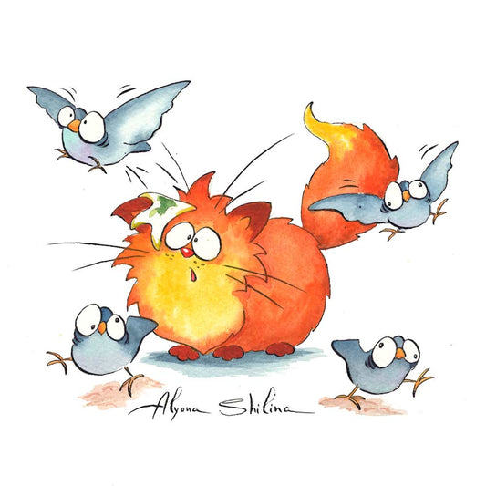 "Cat & Pigeons" original drawing