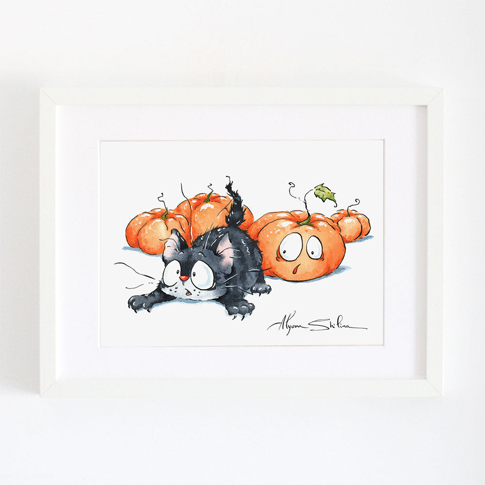 "Cat & Pumpkins" art print