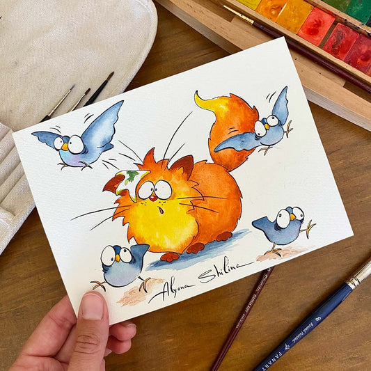 "Cat & Pigeons" original drawing