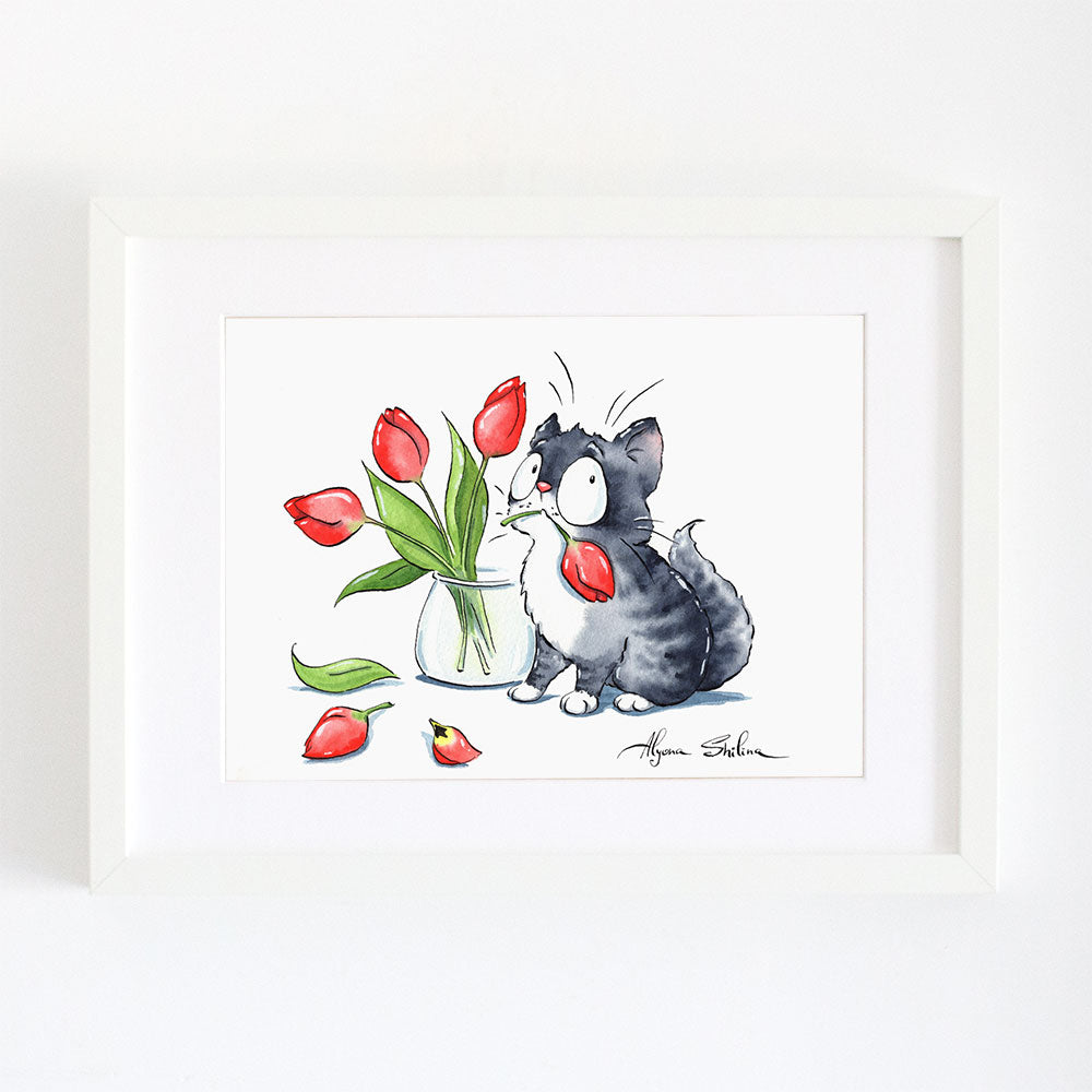 Grat Cat red tulips wall art print by Alyona Shilina