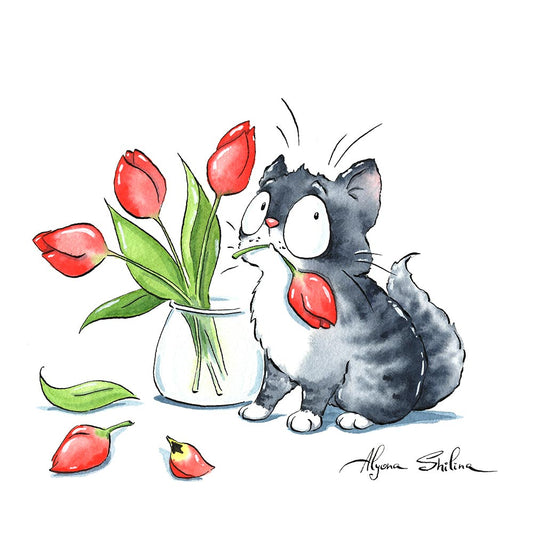 "Cat & tulips" original drawing