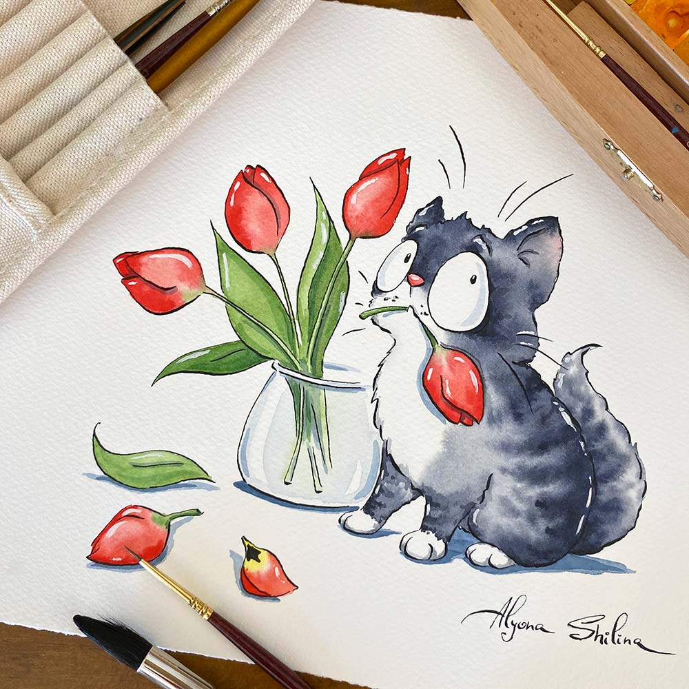 "Cat & tulips" original drawing