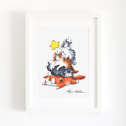 cute cats and star wall art print by Alyona Shilina
