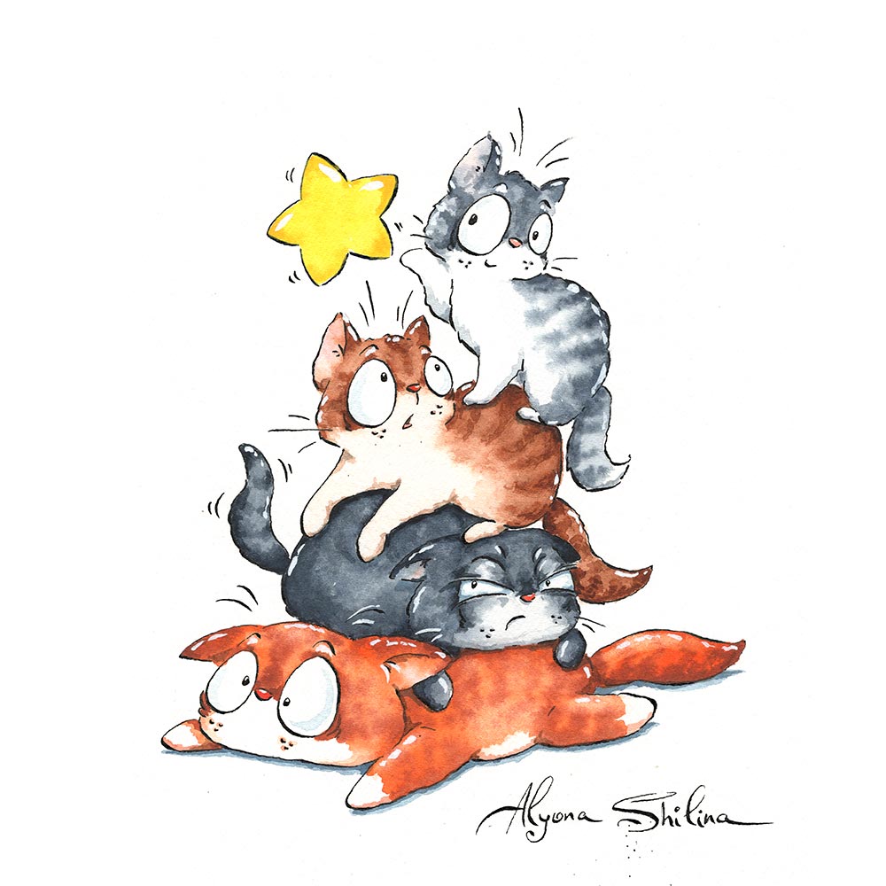 "Cats & Magic Star" original drawing