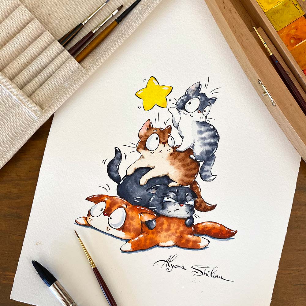 "Cats & Magic Star" original drawing