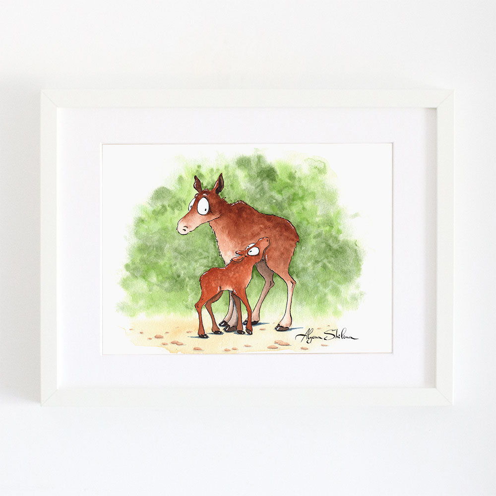 moose in forest watercolor illustration art print by Alyona Shilina