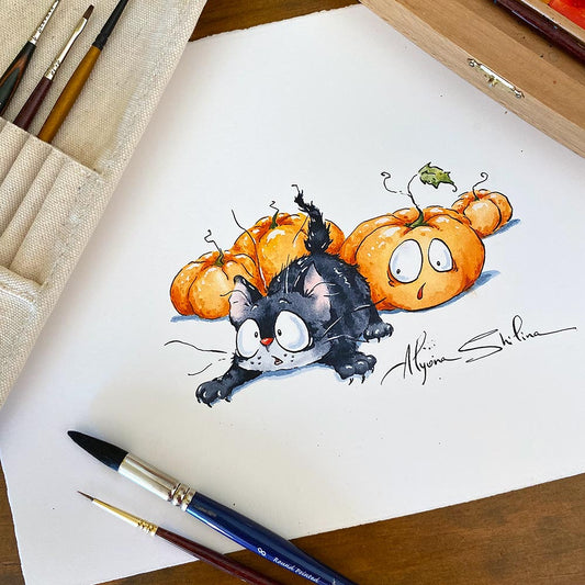 "Kitten & Pumpkins" original drawing