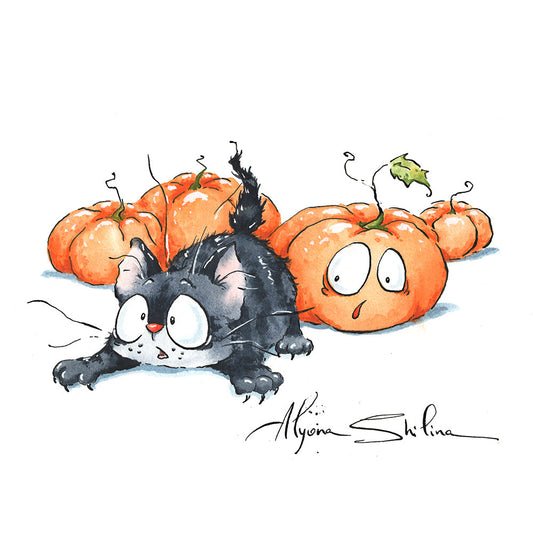 "Kitten & Pumpkins" original drawing