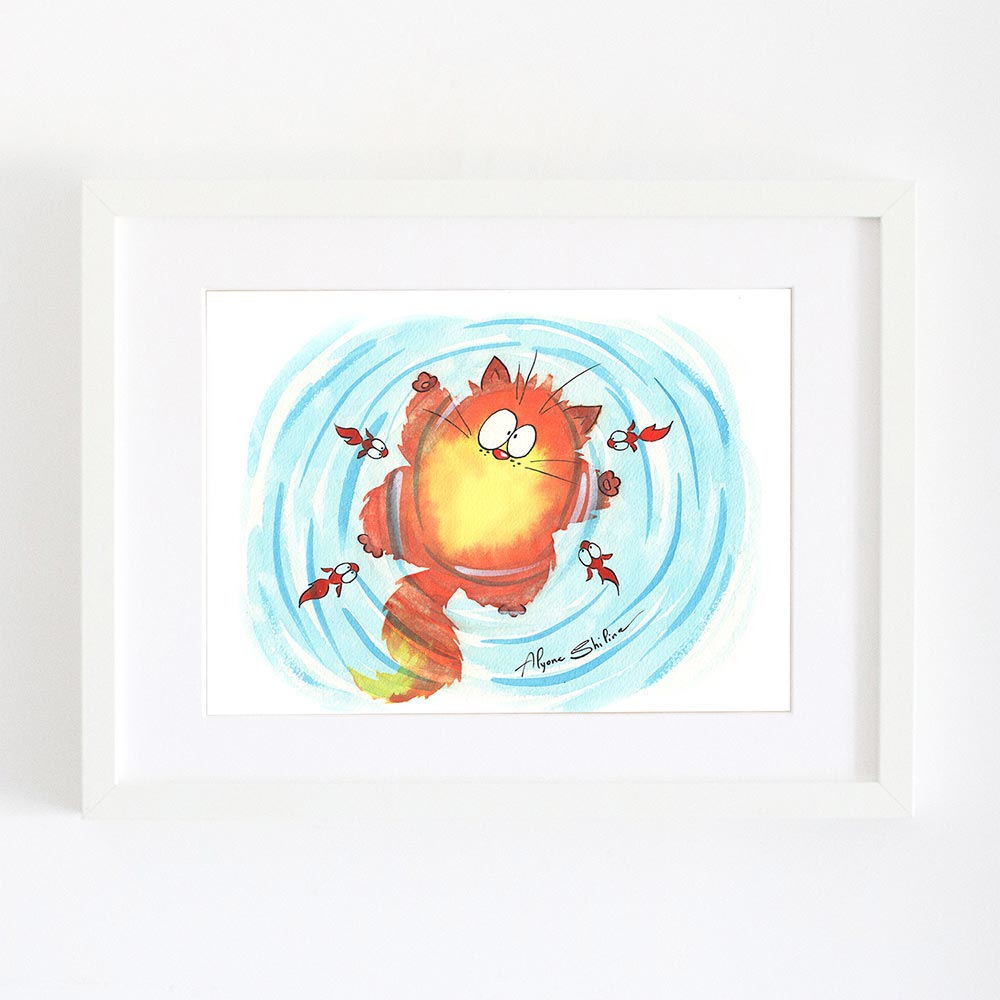 Cute cat swimming in the sea art print