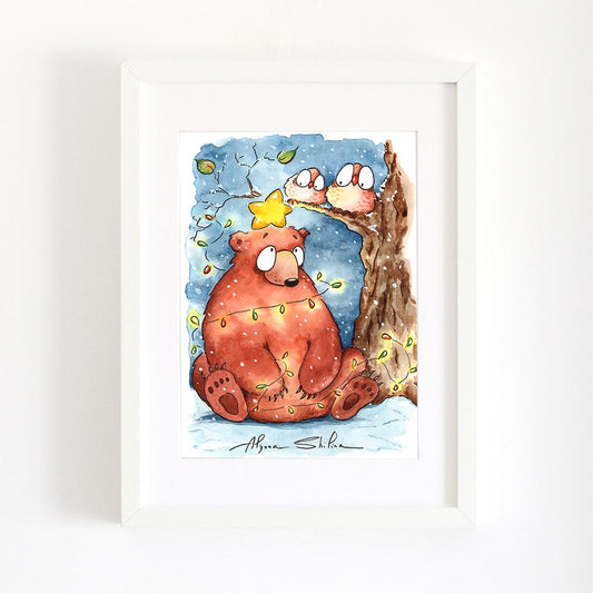 Christmas Bear and Owls art print by Alyona Shilina