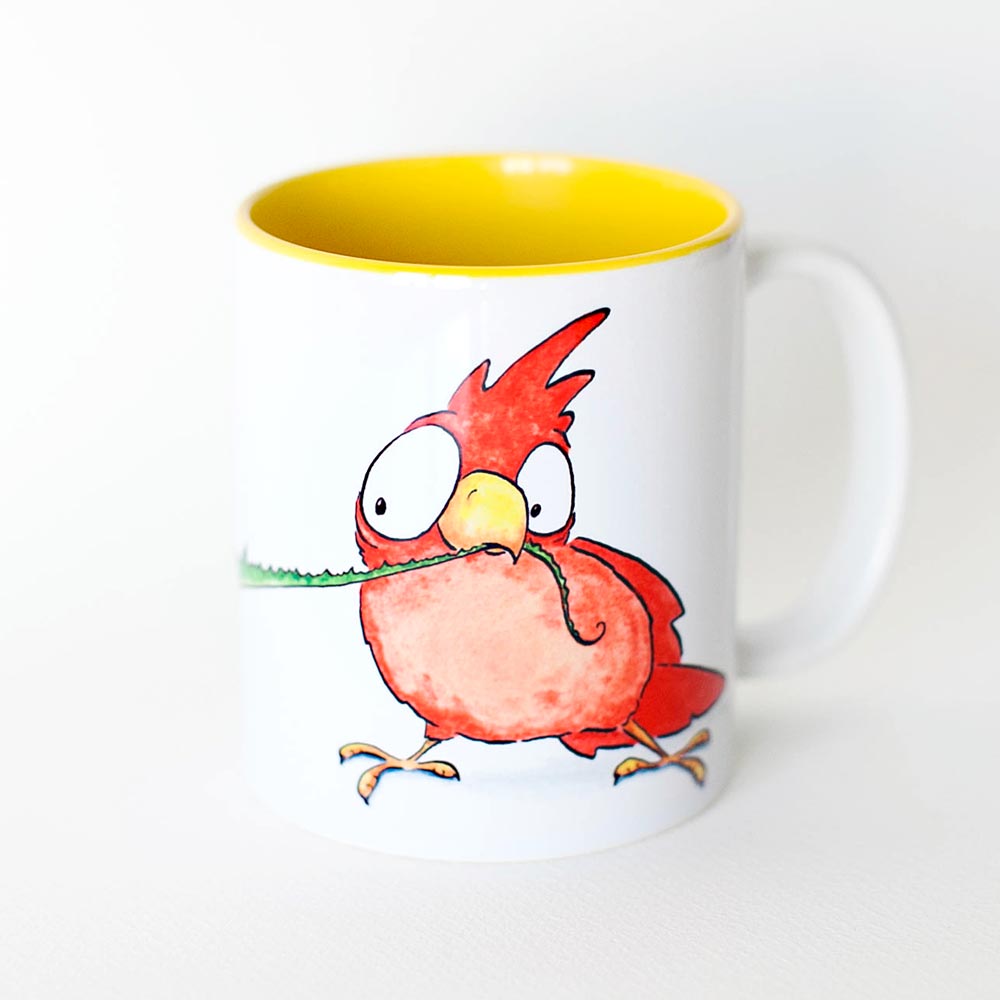 funny ceramic mug with red bird design