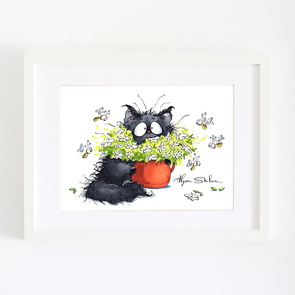 Wall art print with cute black fluffy cat, flowers and funny bees. Signed by Alyona Shilina