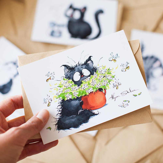 Postcard with Cute black cat and bees by Alyona Shilina