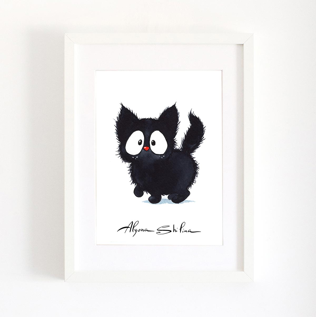 Wall art print with cute black kitten illustration. Signed by Alyona Shilina.