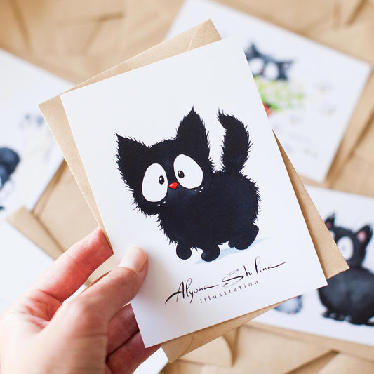 Postcard with cute black cat by Alyona Shilina illustration
