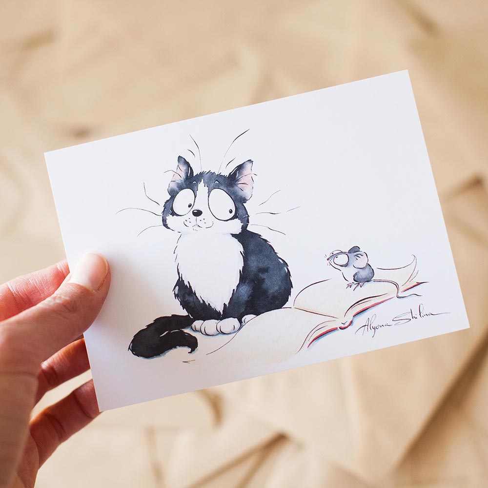 Postcard with cat, mouse and the book. Signed by Alyona Shilina