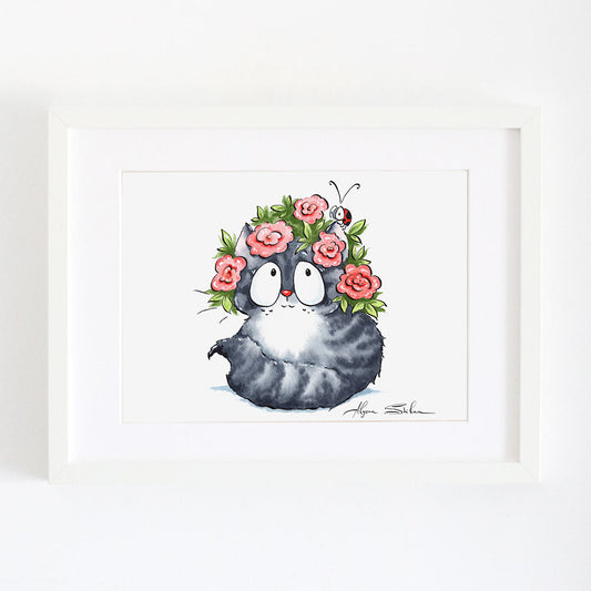 Cute wall art print with cat and flowers in Frida style