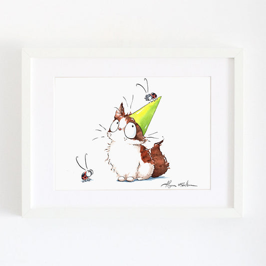 wall art print with cute birthday cat and ladybugs
