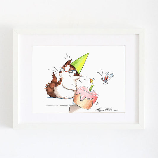 wall art print with funny birthday cat design