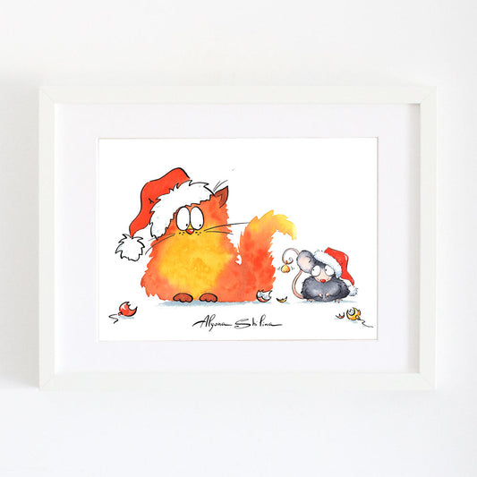 Christmas cat and mouse funny wall art decor by Alyona Shilina