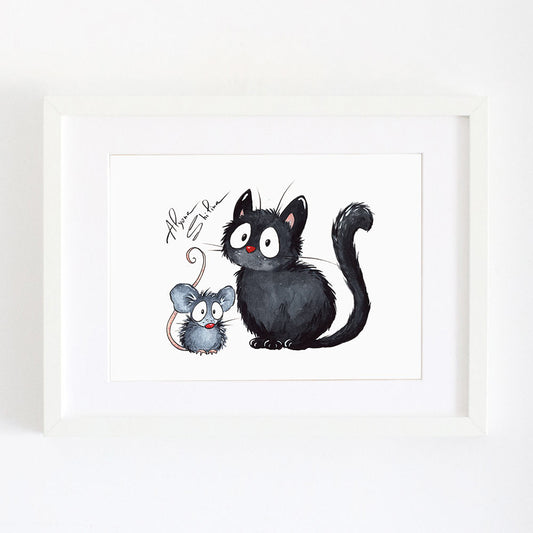 Wall Art print with black cat and mouse. Signed by Alyona Shilina