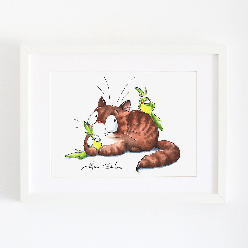 wall art print with cute cat and two birds