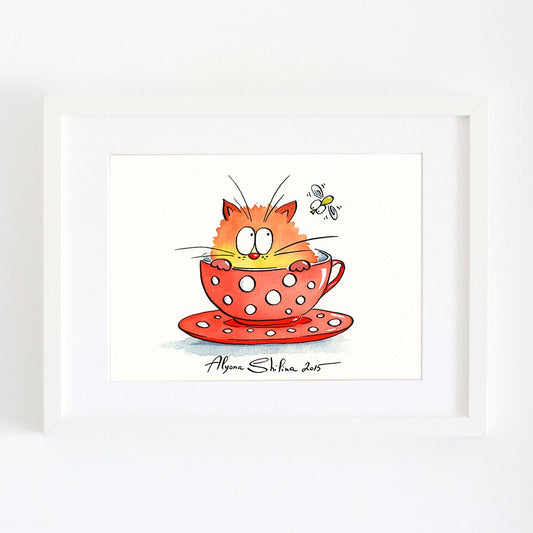 Watercolor art print with Kitten in a coffee mug