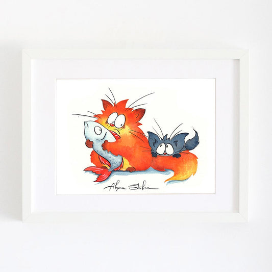 Art print with greedy red cat