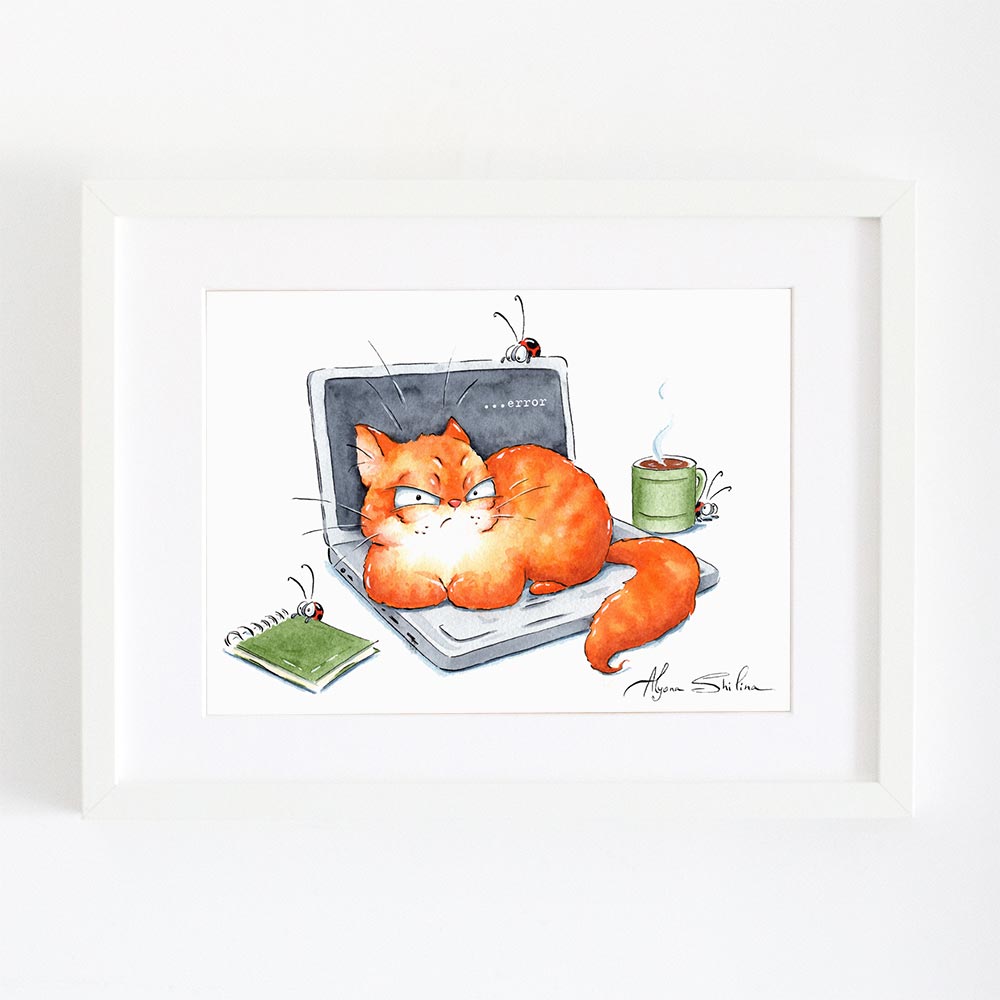 Funny wall art print with red cat, ladybugs and laptop