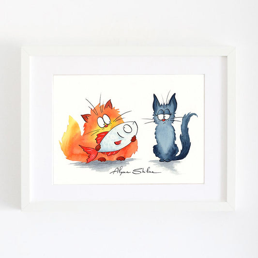 Wall art print decor with two funny cats and fish. Gift for her