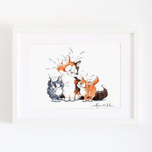 Wall art print with cute mom cat and her two kittens