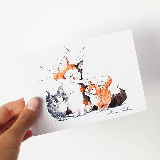 Cute cat mom and two kittens postcard