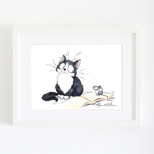 Cute wall art print with cat and mouse.