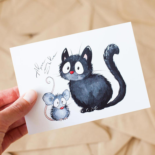Cute postcard wit cat and mouse by Alyona Shilina